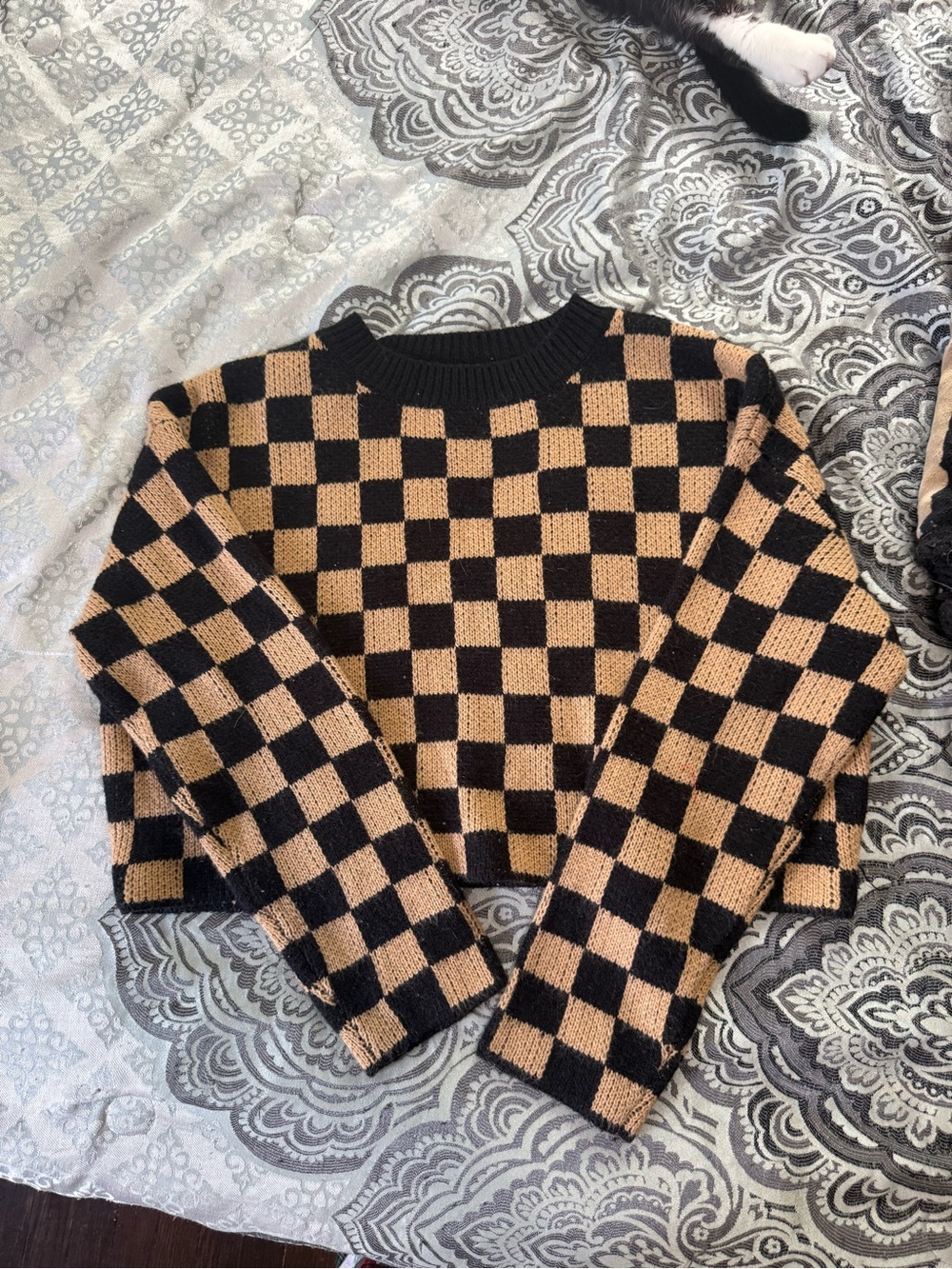 Checkerboard Knit Sweater - Black and Tan (L)